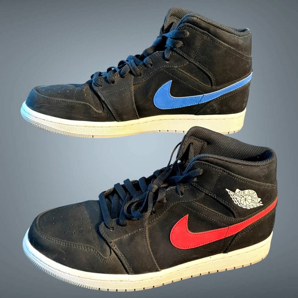 Men's 11.5 NIKE AIR JORDAN 1 Mid Multicolor Swoosh Black Basketball Sneakers EUC